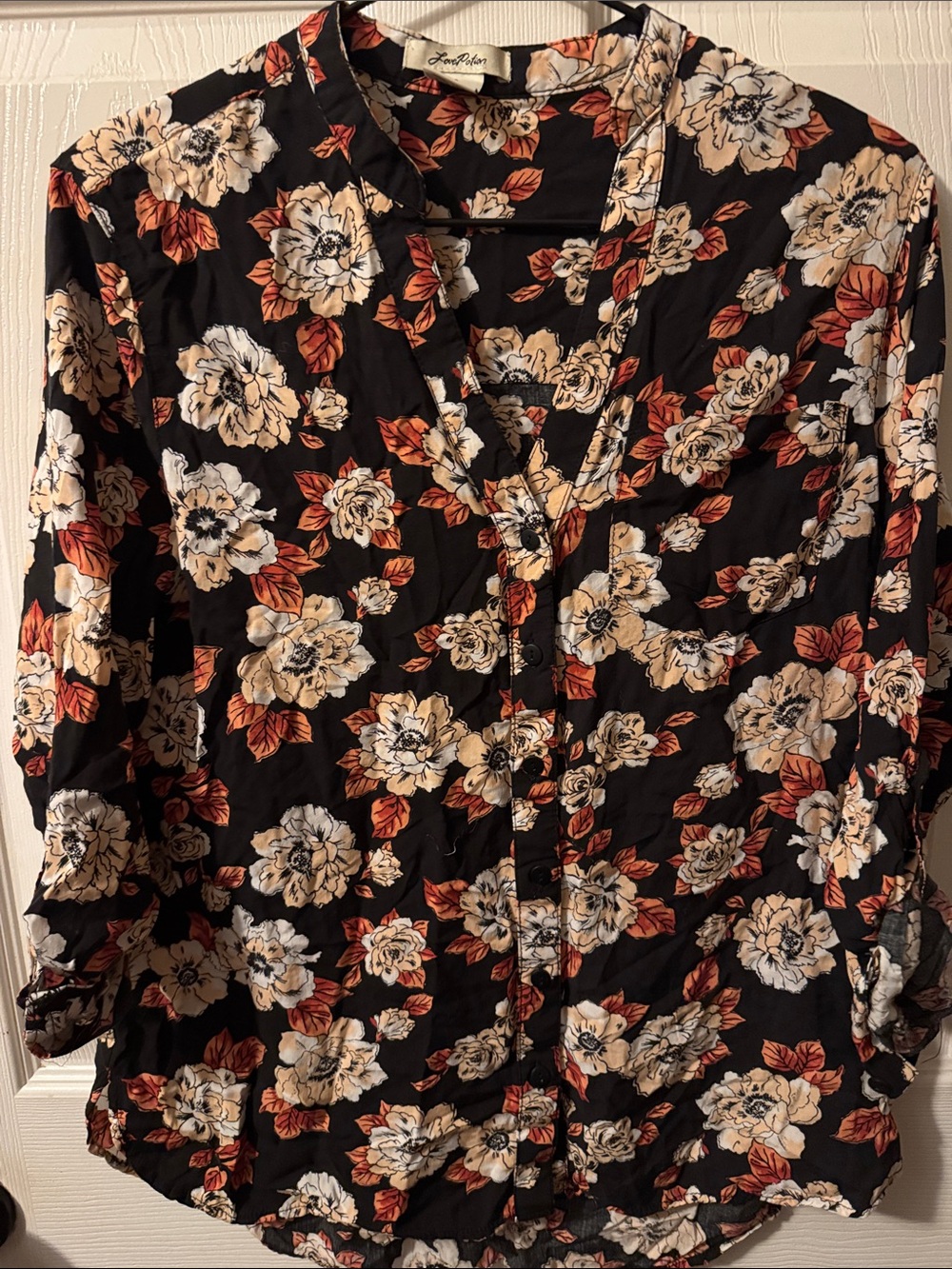 Lush Black Floral V-Neck Button Front Blouse with Cream & Rust Flowers